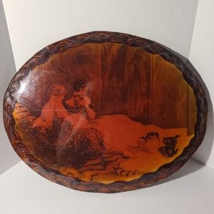 Vintage shellac wood art lady's & kittens 20.75" x 16.50"